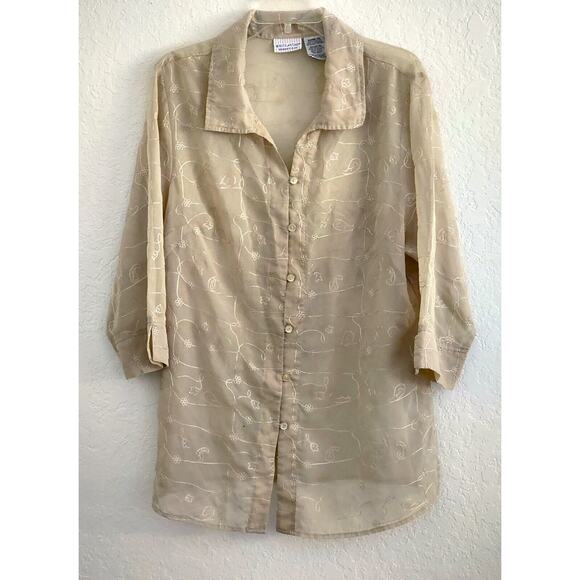 TOP/BLOUSE-WHITE STAG-Tan-Sheer-Button Up-Embroidery-3/4 Sleeves-Size Plus 16 W - Picture 1 of 16